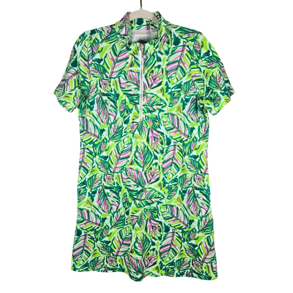 Belle by Kim Gravel Palm Print Dress Womens 8 Green Tropical Vacation Zip